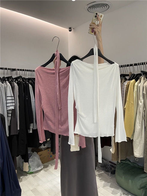 Women Off-Shoulder Long Sleeves Tops With Ribbons